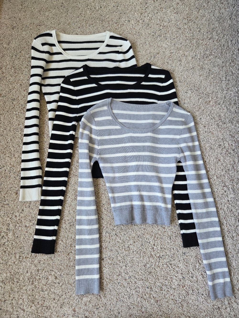 Striped Knit Long-Sleeve Sweaters - Gray, Black, Cream Bundle